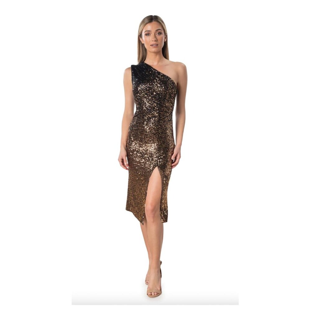 Dress the Population Gold and Black One Shoulder Bodycon Dress
